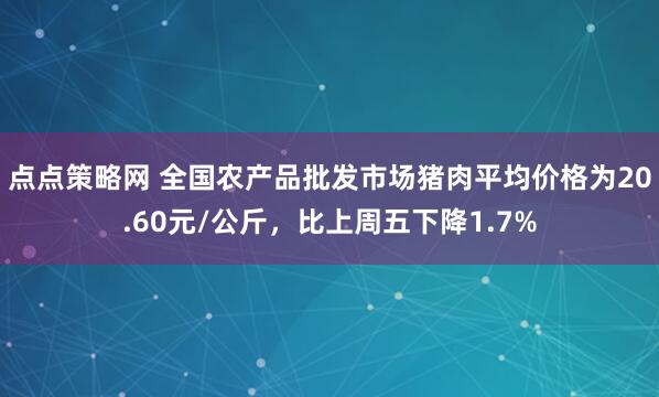 点点策略网 全国农产品批发市场猪肉平均价格为20.60元/公斤，比上周五下降1.7%